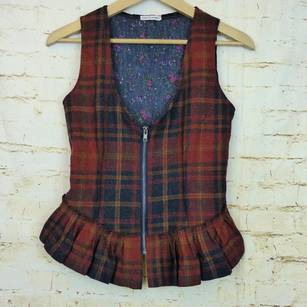 Womens Vest XS Orange Tartan Plaid Front Zipper Ruffle Peplum Grunge Y2K Handmad